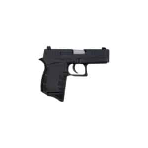 Left-side view of a black semi-automatic pistol with a textured grip.