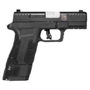 Black semi-automatic pistol with a textured polymer grip and a silver slide marked 9x19, shown in side view.