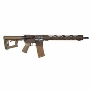Brown AR-style rifle with adjustable stock and long vented handguard, shown from the side.