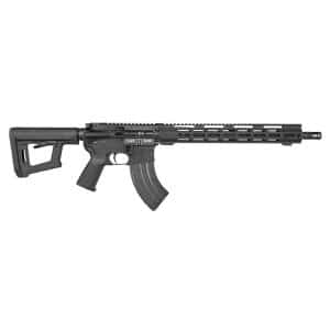 Black AR-style semi-automatic rifle shown in profile with collapsible stock, long quad-rail handguard, and curved magazine