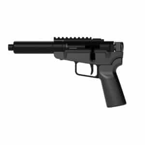 Side view of a black semi-automatic pistol with an extended barrel and top rail.