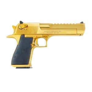 Gold-plated semi-automatic handgun shown in profile with a black textured grip.