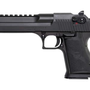 Profile view of a black Desert Eagle semi-automatic pistol with textured grip and rail on top rail system visible from the left side