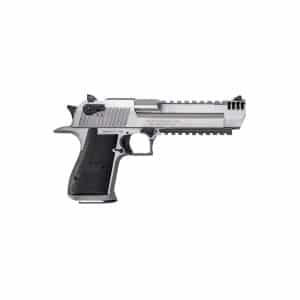 Silvery semi-automatic pistol with a black textured grip, shown in left-side profile on a white background.