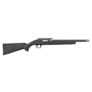 Bolt-action rifle with a black synthetic stock, long barrel, shown in profile with a top Picatinny rail.