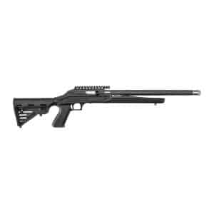 Side view of a black semi-automatic rifle with a long barrel and adjustable stock, shown from the left.