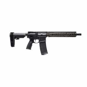Black AR-style semi-automatic rifle in profile with collapsible stock, pistol grip, magazine, and long handguard/rail system