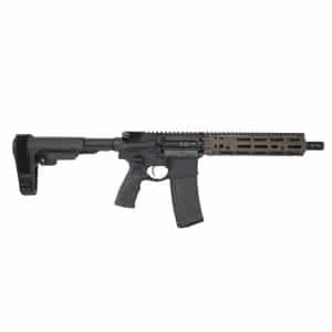 AR-15 style rifle with collapsible stock, pistol grip, and a long vented handguard attached to a quad rail system.