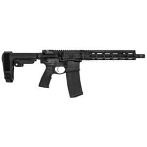 AR-15 style rifle shown in profile with adjustable stock, pistol grip, and vented handguard with rail