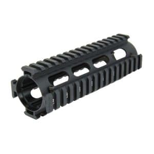 Black modular rifle handguard with Picatinny rails on top and sides.