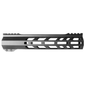 Black aluminum AR-style rifle handguard with ventilation cutouts and top Picatinny rail, shown from the side