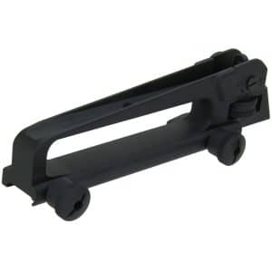 Black, clamp-style rail mount with two knurled adjustment knobs for attaching an accessory to a rail system (e.g., firearm or camera).