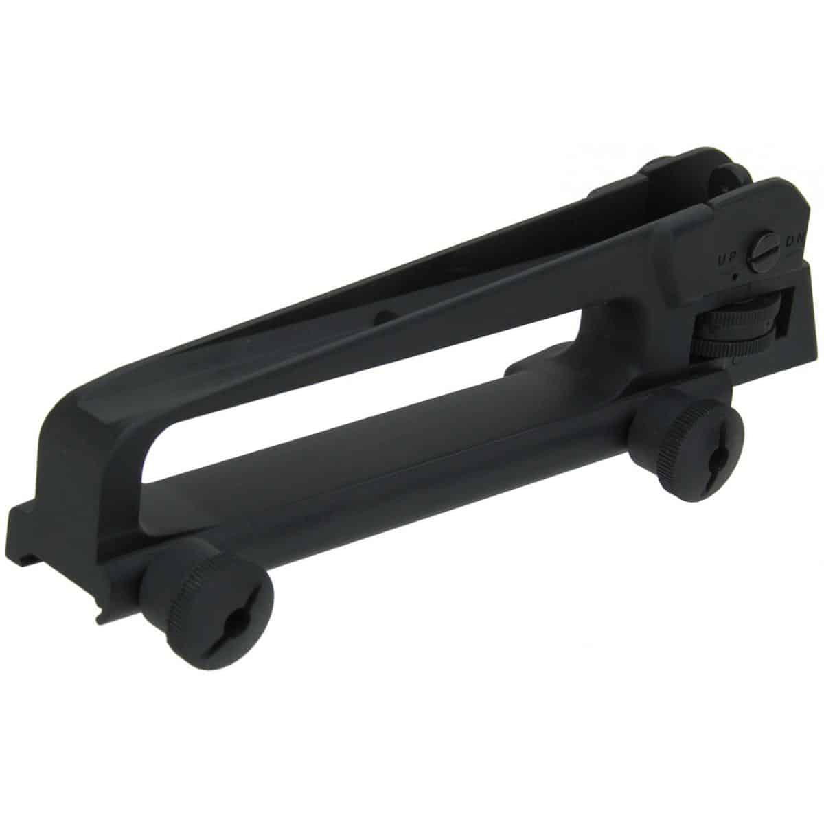 Black, clamp-style rail mount with two knurled adjustment knobs for attaching an accessory to a rail system (e.g., firearm or camera).