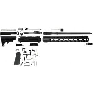 Disassembled AR-15 rifle parts laid out in rows: stock, handguard, barrel, upper and lower receivers, springs and pins, and small tools.