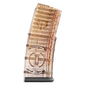 Transparent pistol magazine filled with copper-colored rounds, partially loaded and ready for insertion into a handgun.
