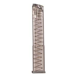 Transparent pistol magazine with a visible coiled spring inside.