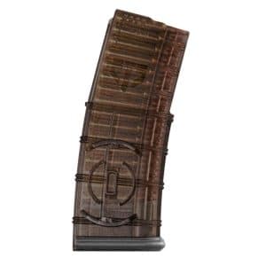 Brown translucent rifle magazine viewed from the side, showing ridges and a curved shape typical of a detachable ammo magazine
