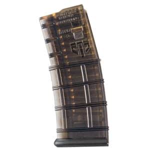 Translucent brown-tinted semi-automatic pistol magazine showing rounds inside