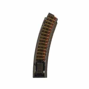 Curved rifle magazine filled with copper-jacketed bullets.