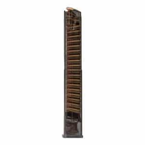 Vertical transparent ammunition magazine filled with copper cartridges arranged in rows.