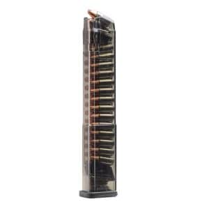 Vertical firearm magazine filled with copper-colored cartridges, wrapped in plastic packaging, standing upright