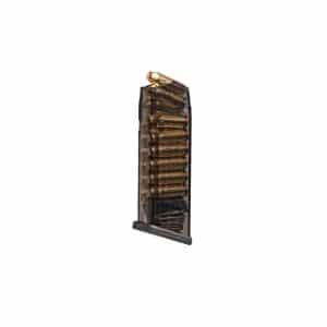 Vertical ammunition magazine filled with brass cartridges, standing upright with a baseplate at the bottom.