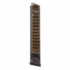 Transparent vertical handgun magazine loaded with copper-colored bullets inside a clear plastic case
