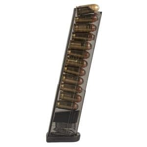 Transparent vertical ammunition magazine loaded with multiple bullets at an angle