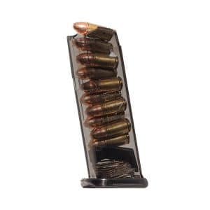 Detachable firearm magazine filled with copper-jacketed rifle rounds in a transparent plastic body and dark base plate.