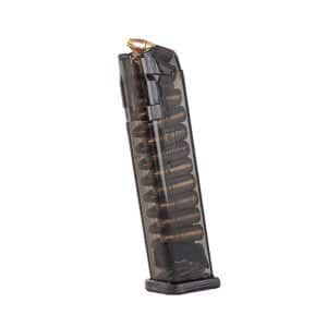 Transparent pistol magazine filled with copper-jacketed rounds, showing ammunition inside