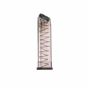 Translucent firearm magazine with a visible internal spring and baseplate.
