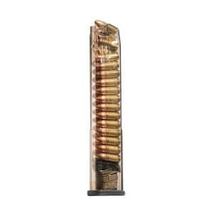 Transparent firearm magazine filled with brass rifle cartridges and a dark baseplate at the bottom.