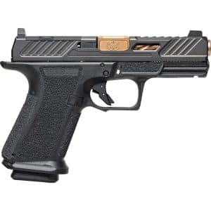 Side view of a black semi-automatic handgun with a textured grip and bronze-colored slide accents