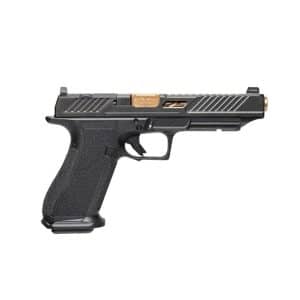 Modern black semi-automatic pistol with textured grip and decorative gold accents on the slide rail area