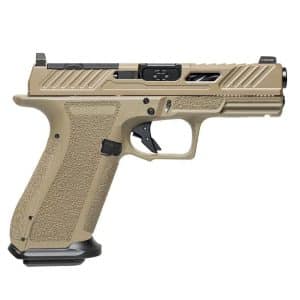 Tan semi-automatic pistol with textured grip and magazine inserted.