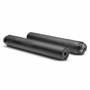 Two matte-black cylindrical rifle suppressor tubes with threaded ends lying on a white surface