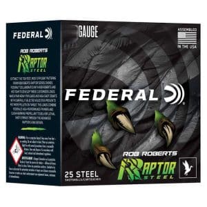 Box of Federal 25 steel shotgun shells with Raptor Steel branding and three green-tipped projectiles on the front
