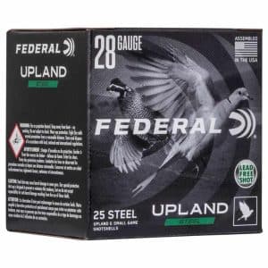 Box of Federal Upland steel shotgun shells, 28 gauge, 25 shells, with a dove graphic and 'Lead Free Shot' badge.
