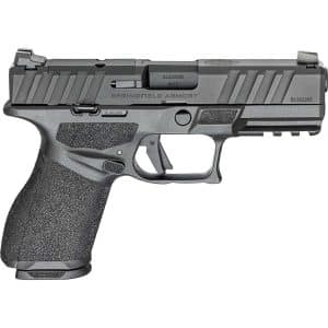 Semi-automatic pistol in gray with textured grip and rail, branded Springfield Armory, shown in side view
