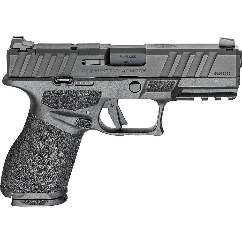Semi-automatic pistol in gray with textured grip and rail, branded Springfield Armory, shown in side view