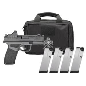 Semi-automatic handgun with four magazines and a black carrying case behind it