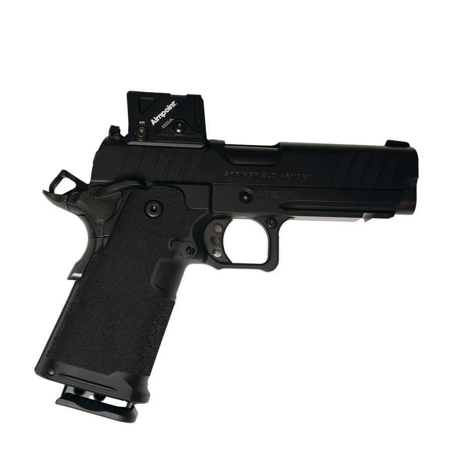 Side view of a black semi-automatic pistol with a mounted red dot sight on top. It has a textured grip and a finger-friendly trigger guard.