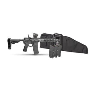 Modern tactical rifle with a collapsible stock and top-mounted optic, accompanied by three magazines and a soft rifle case on a white background.