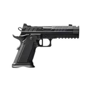 Black semi-automatic pistol with a textured grip and accessory rail, shown from the side on a white background.
