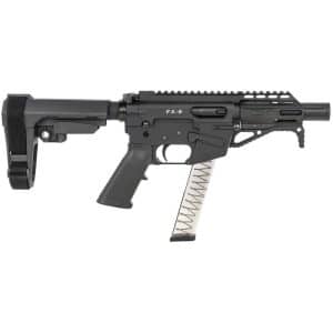 FX-9 airsoft rifle with adjustable stock, black finish, and a curved translucent magazine
