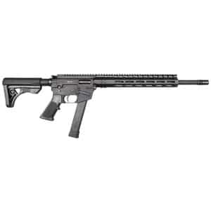 Black modern sporting rifle with adjustable stock, long handguard, and a detachable magazine against a white background.