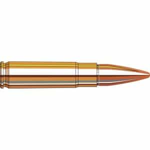 Cross-sectional illustration of a rifle cartridge with brass casing and a pointed bullet at the tip.