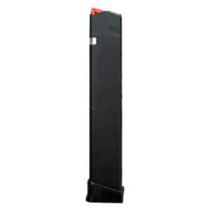 Black handgun magazine standing upright with a red follower visible at the top