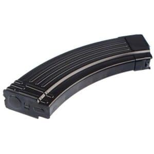 Curved black rifle magazine with ribbed sides on display.