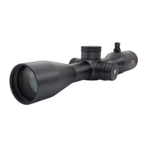 Black rifle scope with adjustable elevation and windage dials, shown in profile from the left.